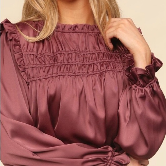 Mock Neck Satin Woven Blouse Chestnut - Picture 3 of 4